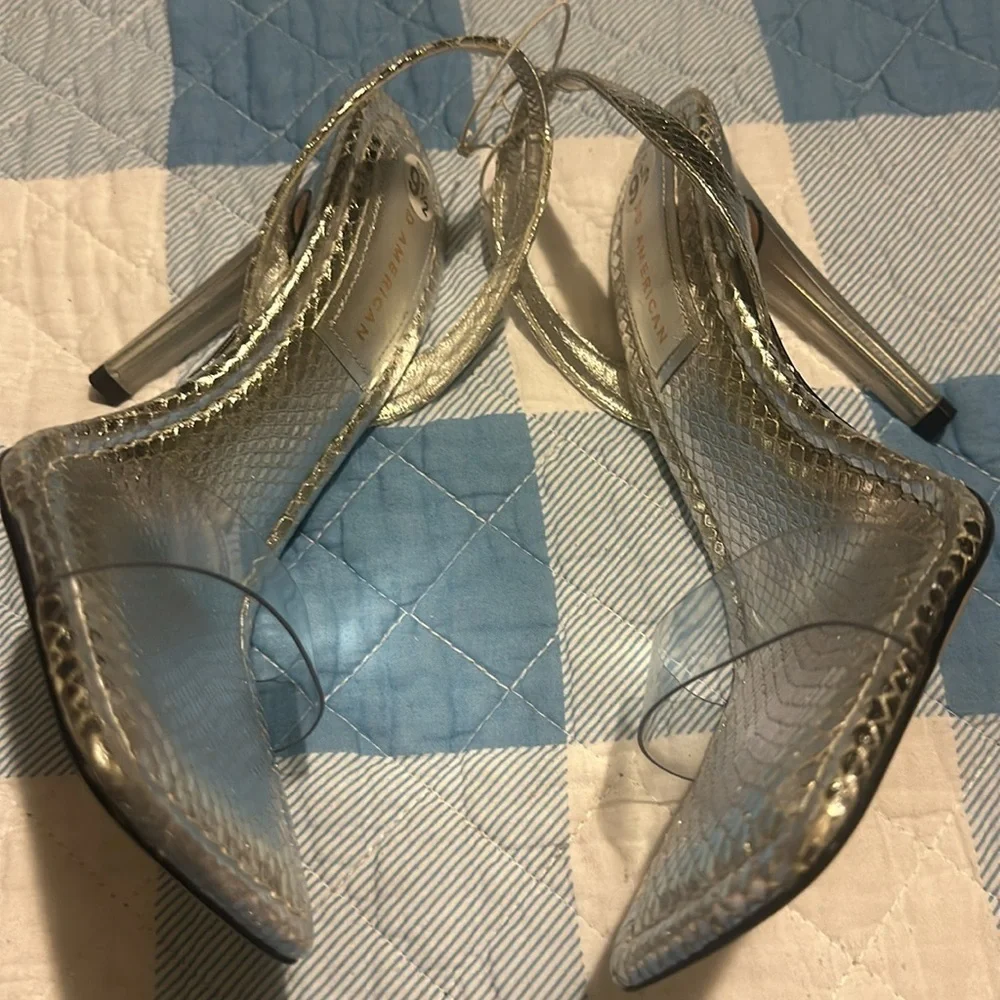 NEW Good American Open Square Toe Heels Silver Snake size 9.5